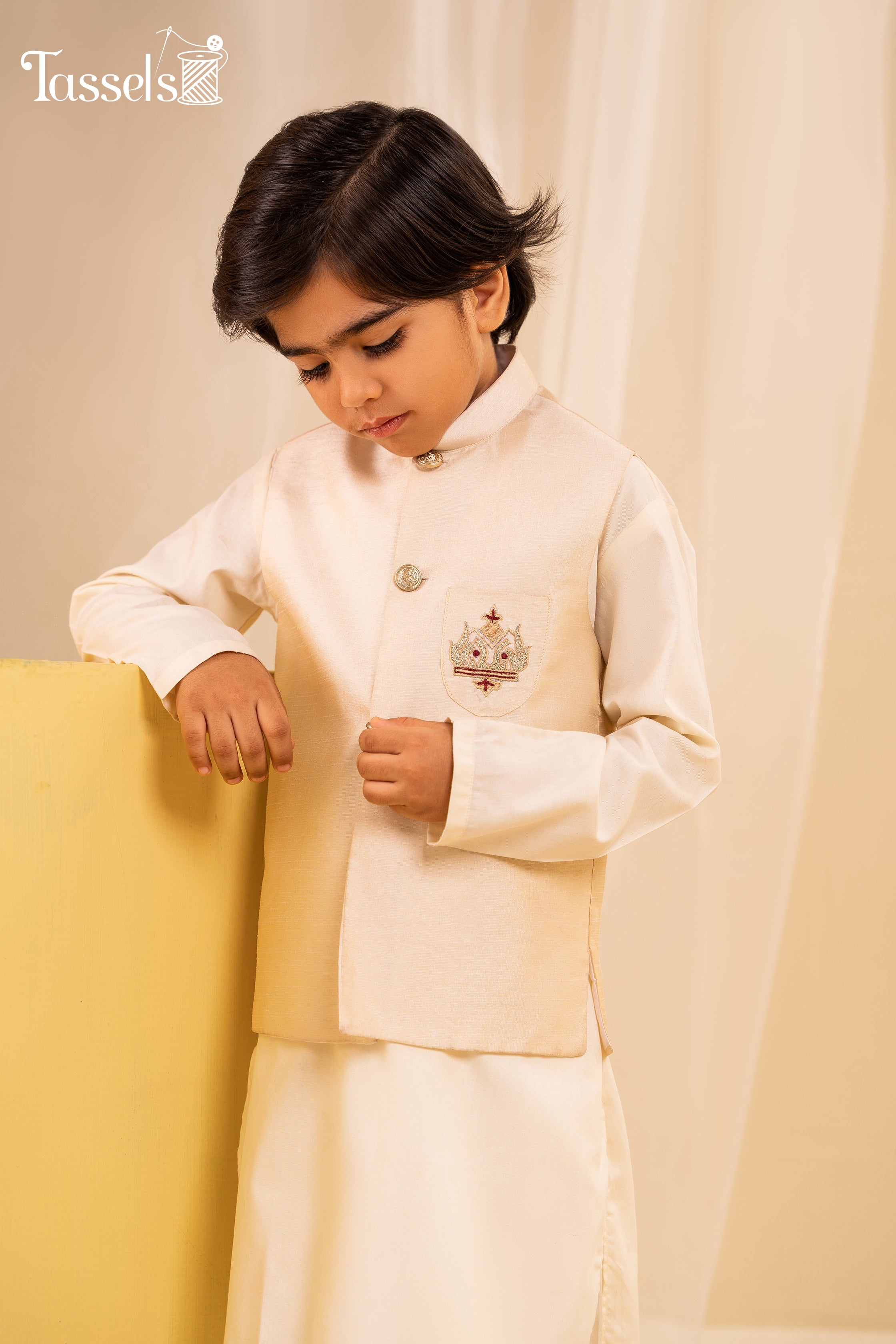 Waist Coat 3 pc Ready to Wear T-Gold White