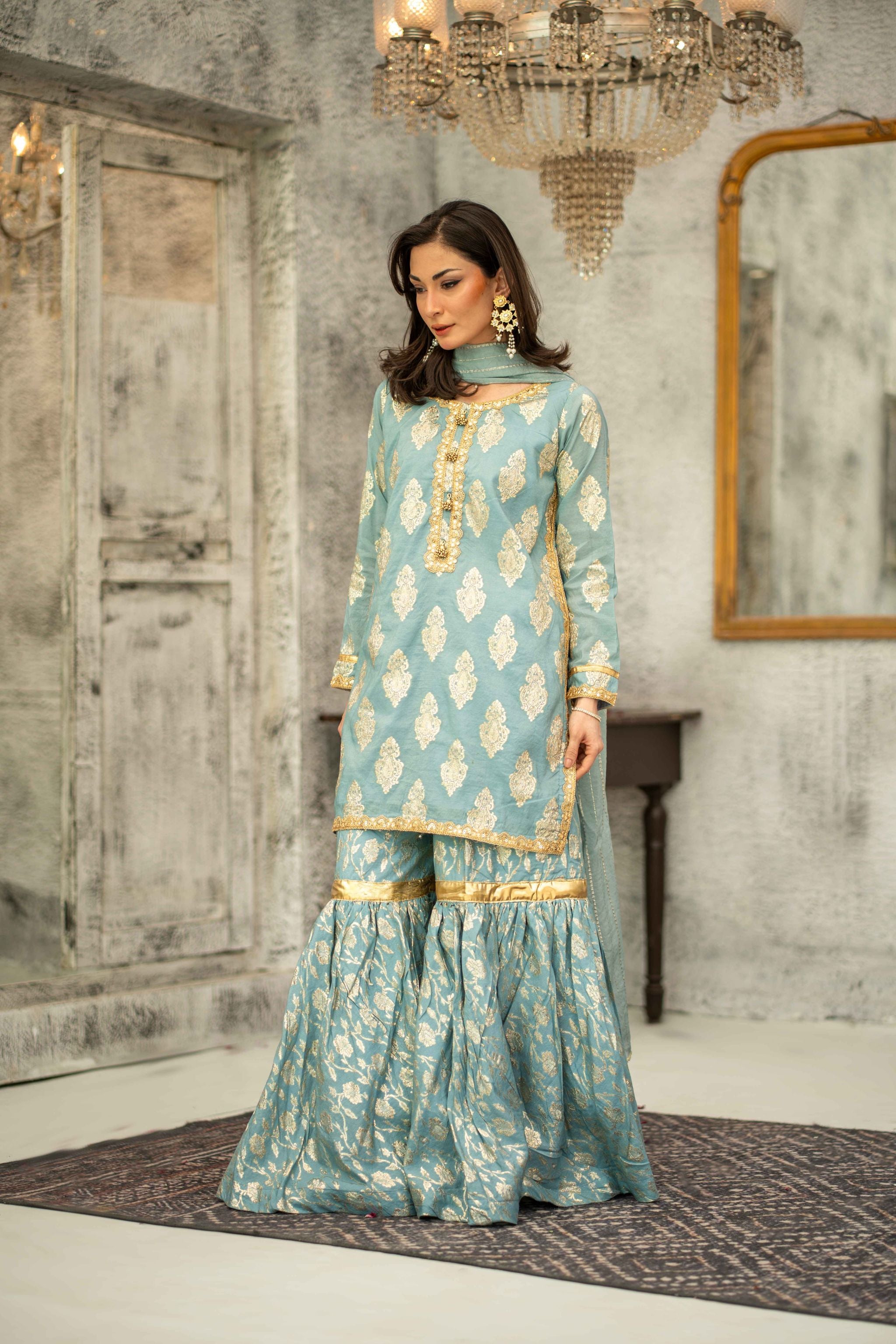 Stitched Embroidered 3pc. Aqua - Mother and Daughter (Ready-To-wear)