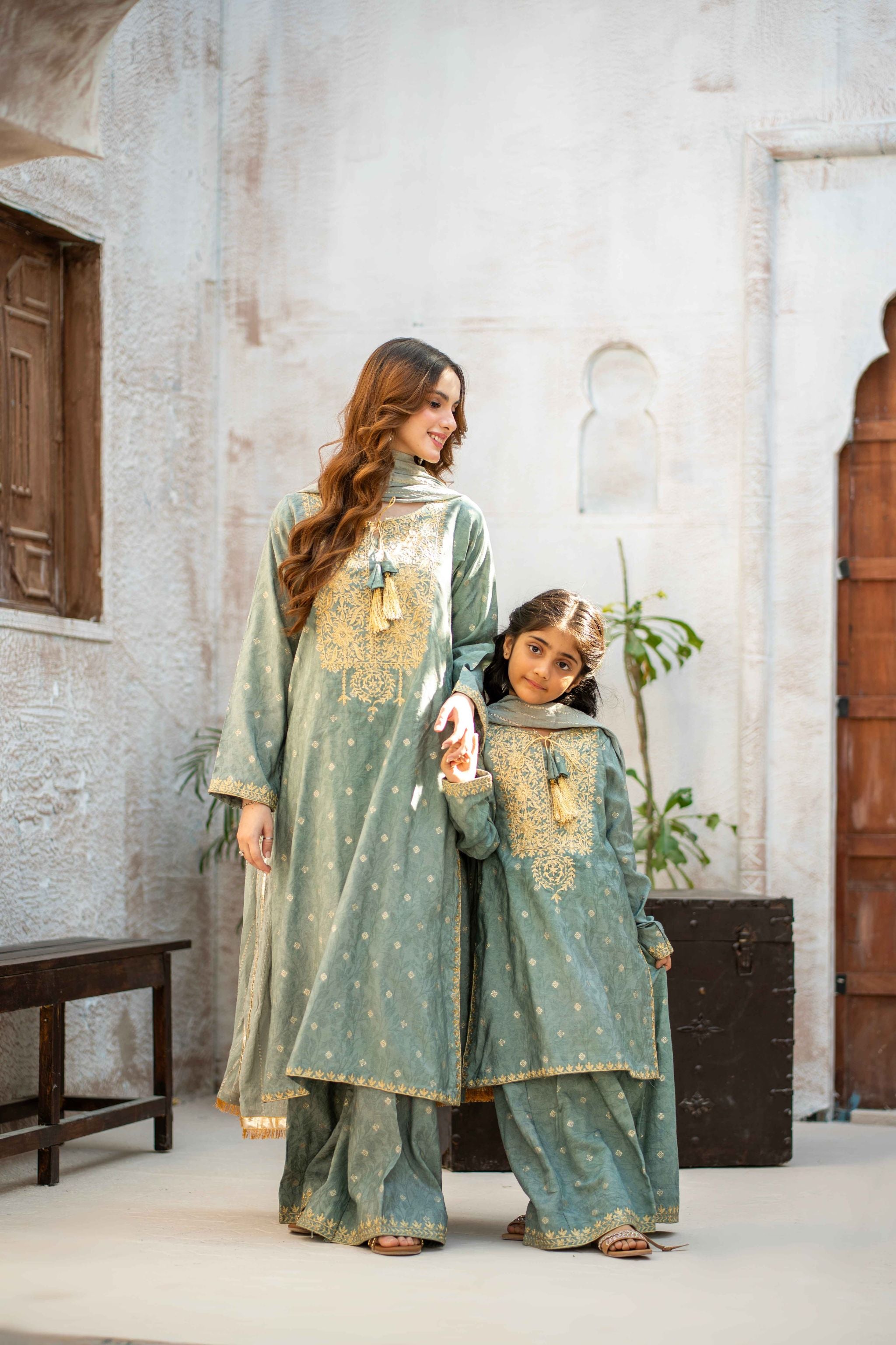 Embroidered 3pc. Aqua - Mother and Daughter (Ready-To-wear)