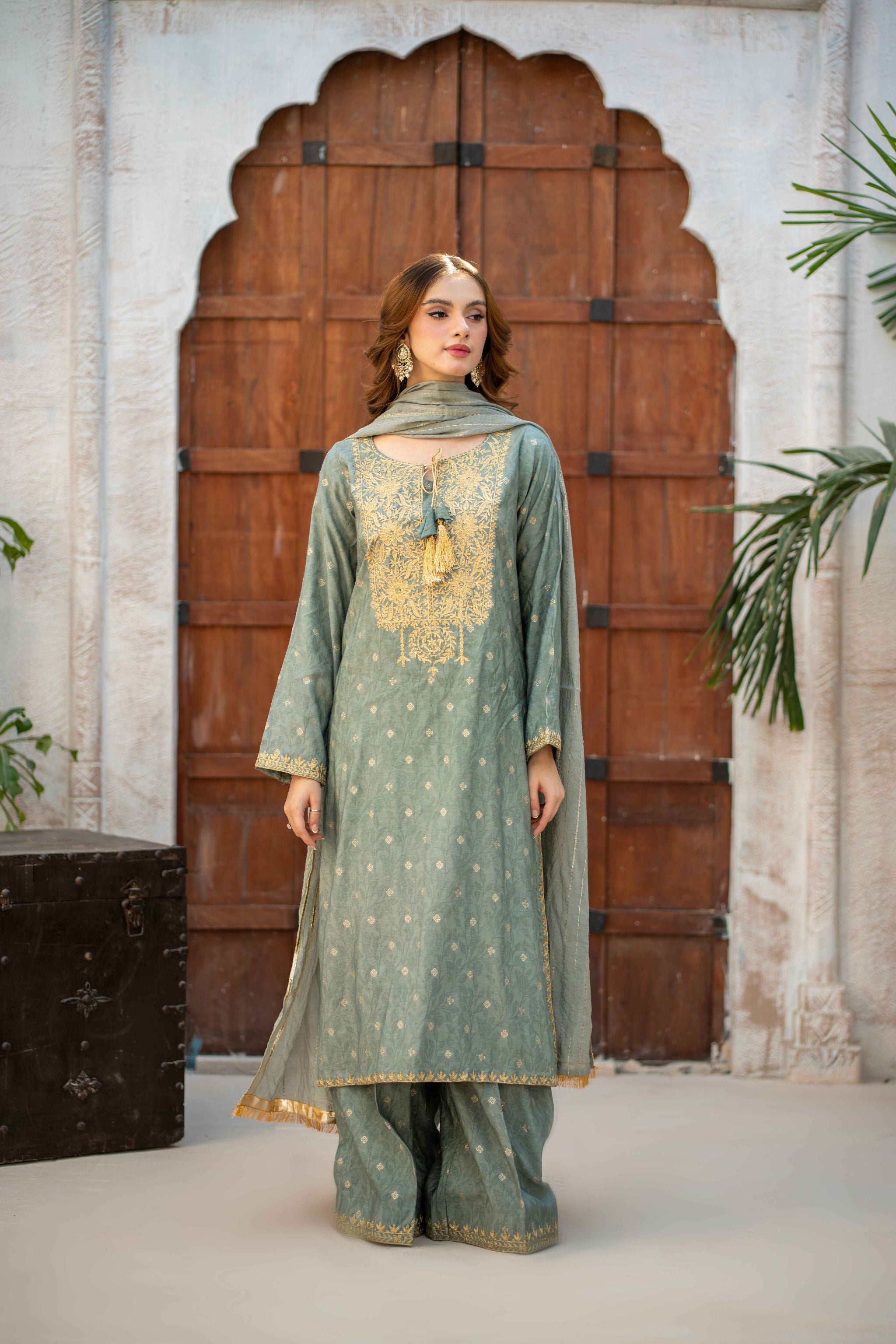 Embroidered 3pc - Aqua  (Ready-To-wear)