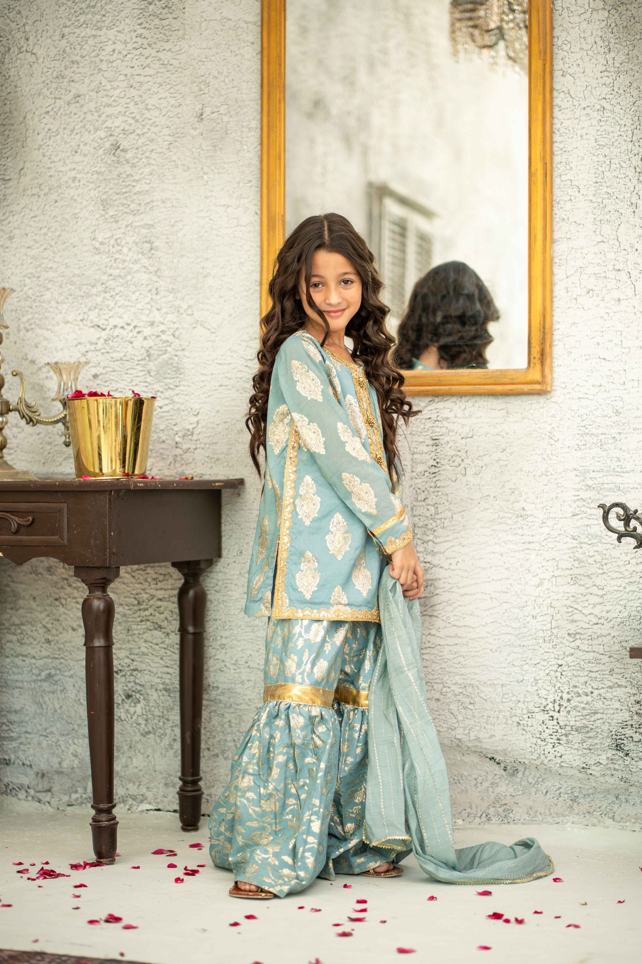 Stitched Embroidered 3pc. Aqua Kids (Ready-To-wear)