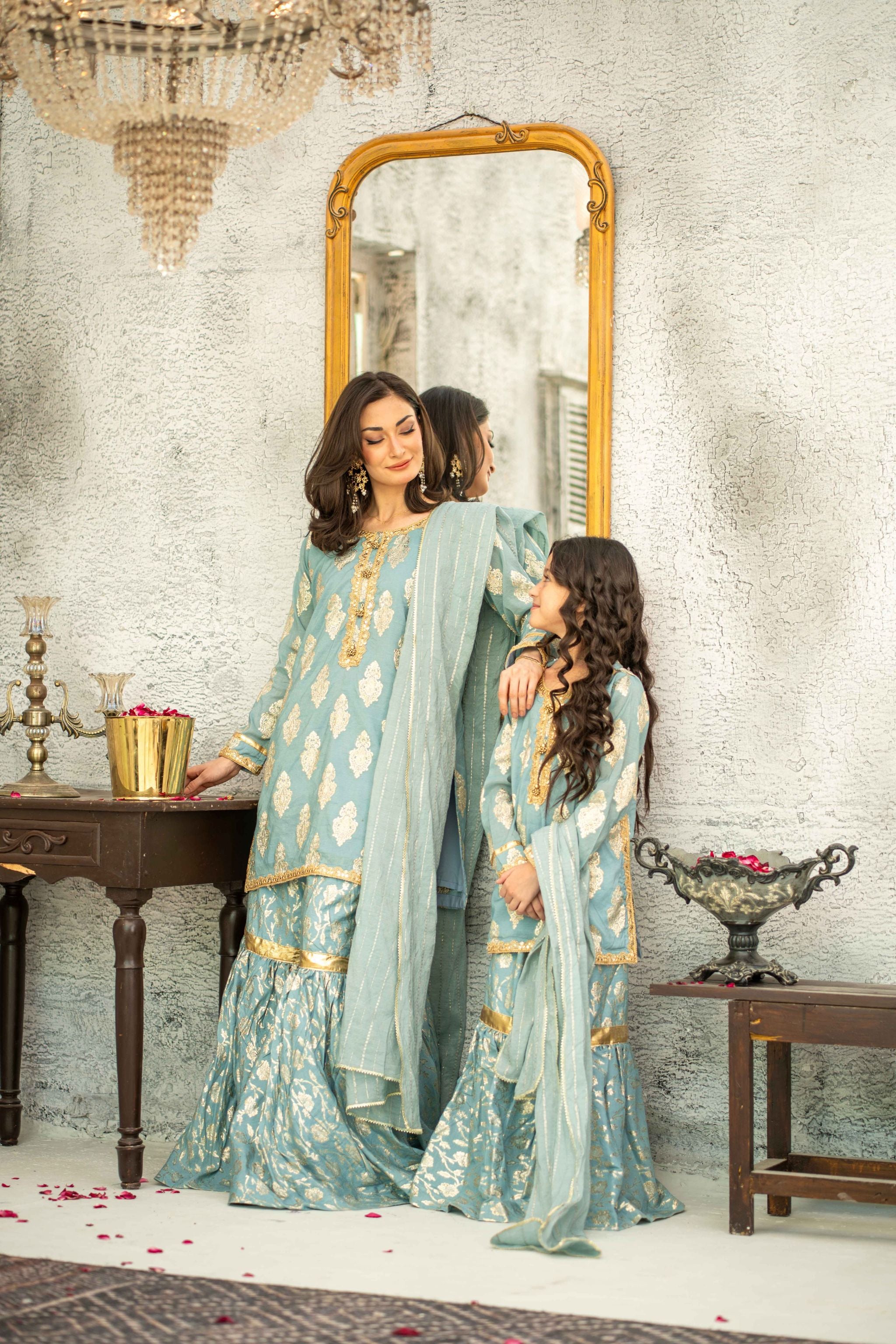 Stitched Embroidered 3pc. Aqua - Mother and Daughter (Ready-To-wear)