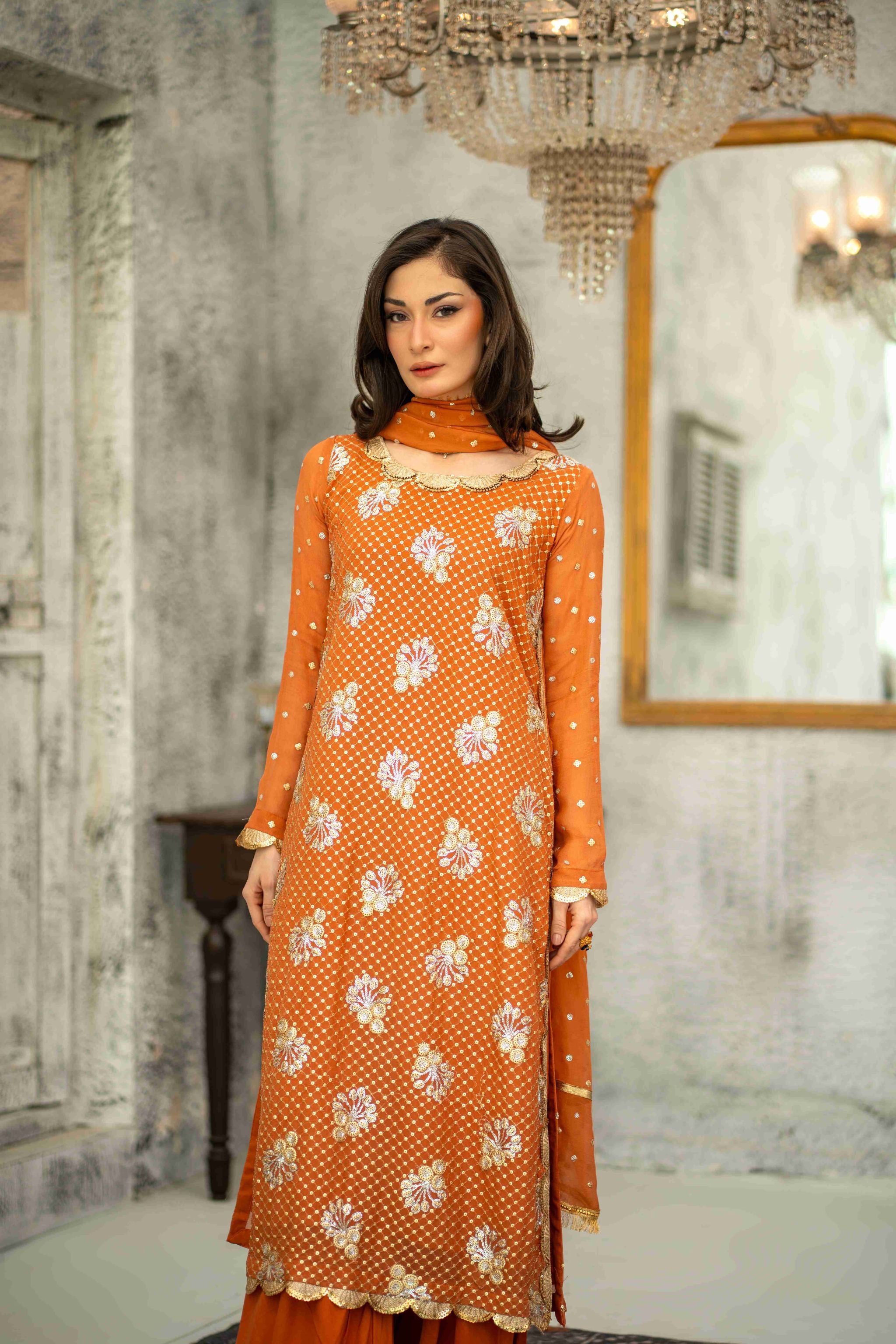 Chiffon Stitched 3pc. Rusty - Mother and Daughter (Ready-To-wear)